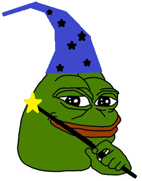 pepe in a starry blue wizard hat with a wand