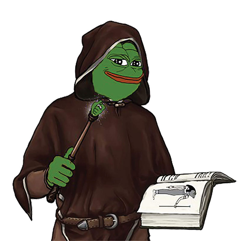 pepe the wizard in a brown cloak with a spellbook