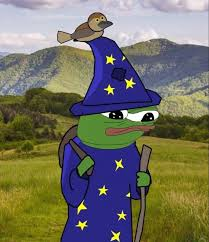 pepe the wizard with a bird in the mountains